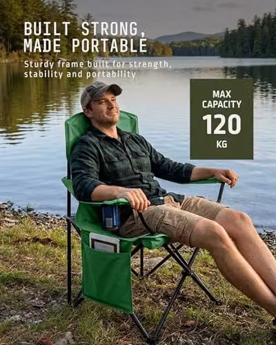 Voyager 2 Pack Folding Camping Chairs with Cooler Bag in Black and Green – 4