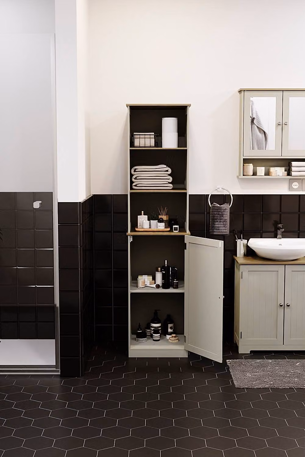 HD Designs Priano Tall Storage Cabinet in Grey with 3 Open Shelves and 2-Tier Hinged Door Storage – 5