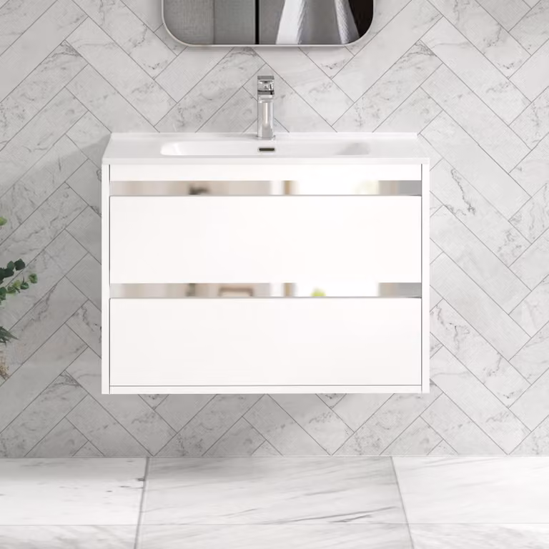 Royal Bathrooms Orion 800mm Wall Hung 2 Drawer Vanity Unit in Matt White with Ceramic Basin and Gold Accent Trim