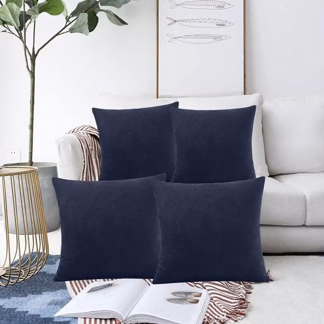 Luxor Living Set of 4 Blue Velvet Chenille Square Cushions with Removable Covers, W/D/H: 45 x 45 x 45 cm