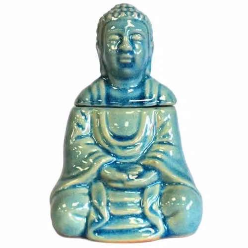 KDMD Ceramic Sitting Buddha Oil Burner in Blue and Green, 2 Piece Set