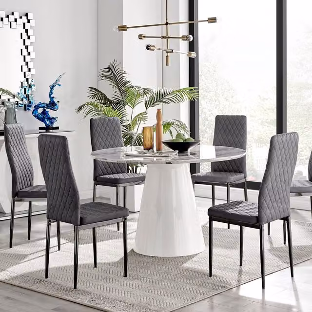 FurnitureboxUK Palma Marble Effect Round Dining Table and 6 Grey Velvet Milan Chairs