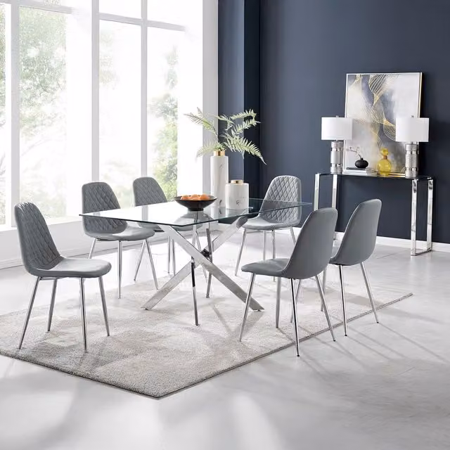 FurnitureboxUK Leonardo Rectangular Glass Dining Table with Six Corona Silver Chairs in Grey