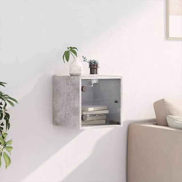 Berkfield Home Elegant Bedside Cabinet with Glass Door in Concrete Grey, W/D/H: 35 x 37 x 35 cm