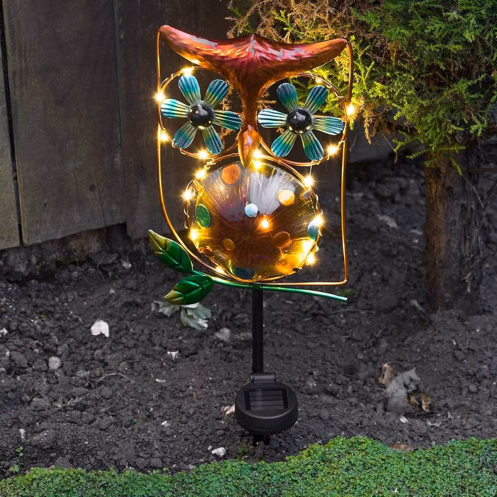 Globrite Metal Owl Wind Spinner with 15 LED Solar Lights in White and Multicolour – 3