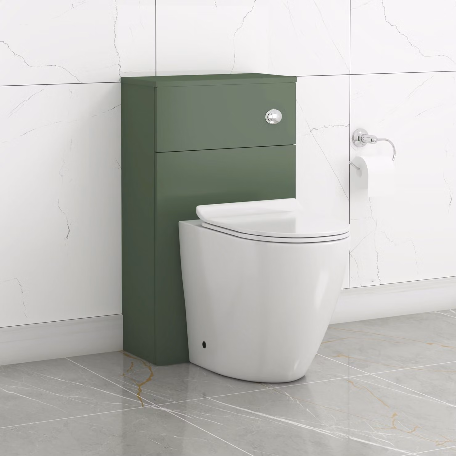 Royal Bathrooms Turin 500mm Matte Green BTW WC Unit with Elva Rimless Short Projection White Ceramic Toilet Pan, Slim Soft Close Seat and Cistern