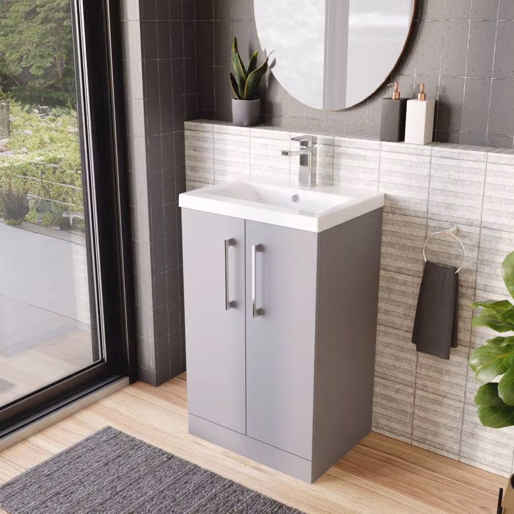 Balterley Modern Bathroom Floor Standing Vanity Unit with 2 Soft Close Doors and Rectangular Mid-Edge Basin, Satin Grey, W: 50 x D: 39 x H: 84 cm – 4