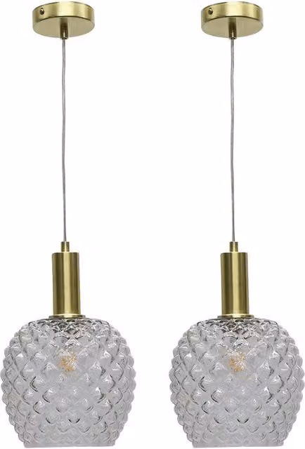 First Choice Lighting Baine Set of 2 Deco Pendant Lights with Clear Textured Glass and Satin Brass Finish