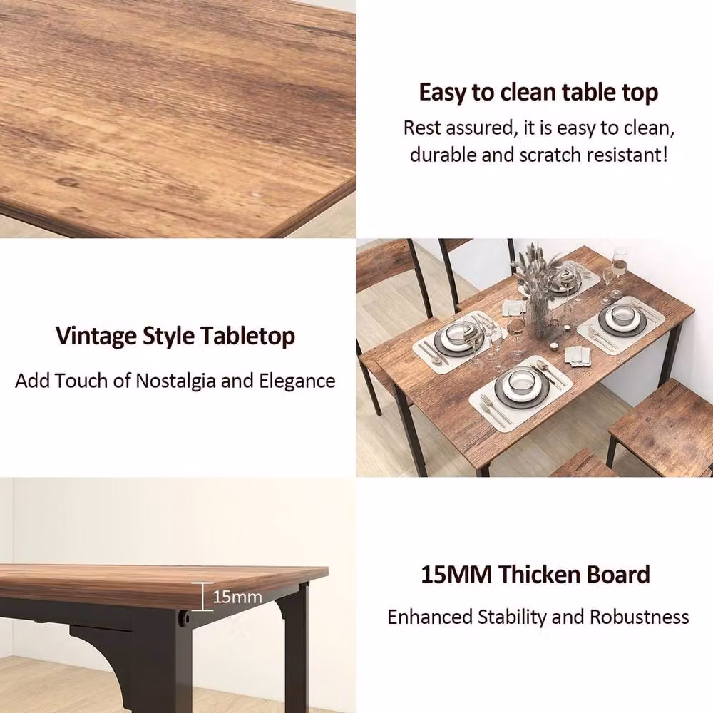 NESTLUNE 5 Piece Industrial Dining Table and Chairs Set in Brown and Black – 4