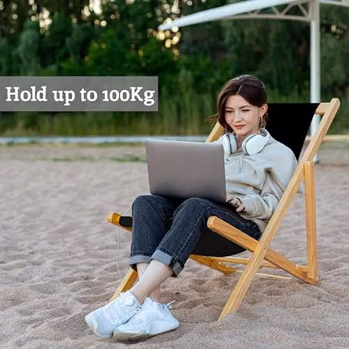 Premier Housewares Beauport Folding Wooden Deck Chair with Armrests, Black, W/D/H: 59 x 105 x 59 cm – 6