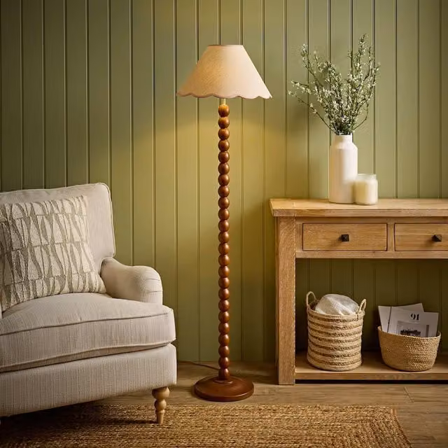 Bobbin Colour Trim Linen Bobble Floor Lamp in Walnut and Pink