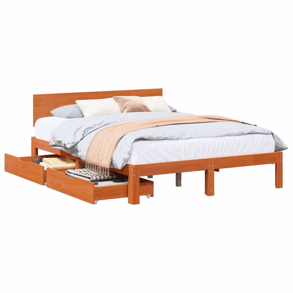 Berkfield Home 3-Piece Solid Pine Wood Bed Frame with Headboard and Drawers in Wax Brown – 2