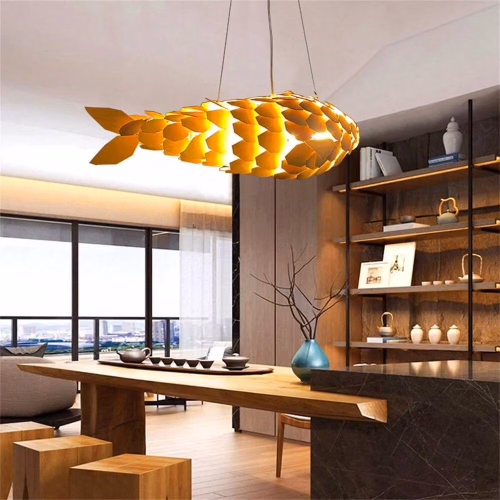 FLAVORA Adjustable Hand-Woven Rattan and Metal Fish Style Ceiling Light Chandelier in Gold/Brass – 5