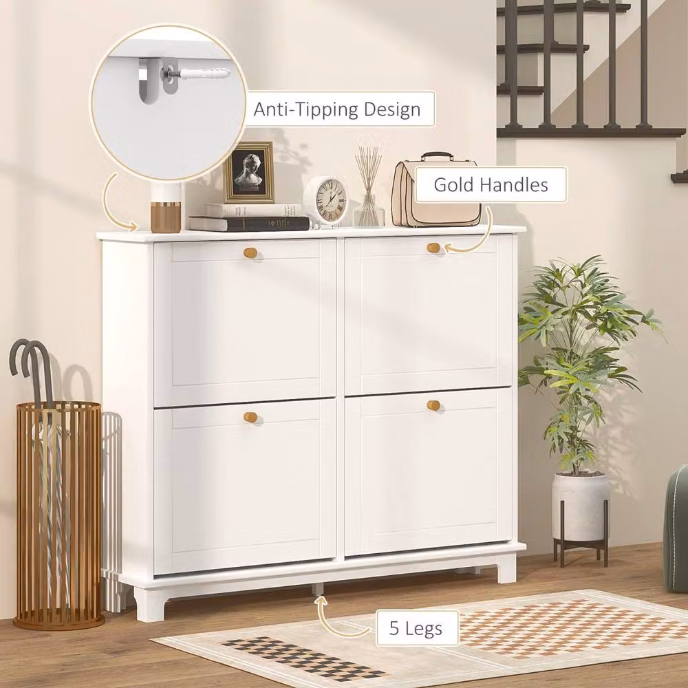 Wyld Haus Zisuka White Slim Shoe Cabinet with 4 Tilting Compartments and Gold Details, Fits up to 16 Pairs – 3