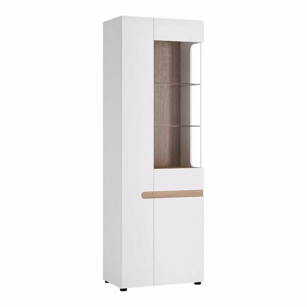 Wyld Haus Foxwhisk Tall Glazed Narrow Display Unit in White Gloss and Truffle Oak, H: 194.5 cm, W: 64.0 cm, D: 42.0 cm – 3