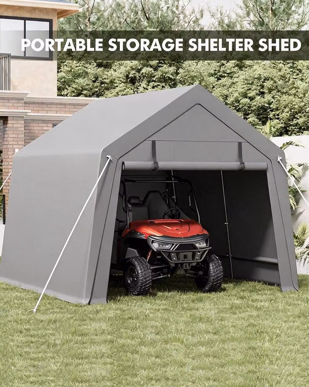 London Boutique Grey Metal Garden Storage Shed and Motorbike Shelter with Roll-Up Zipper Door and Gable Roof – 7