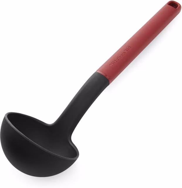 KitchenAid Heat Resistant Nylon and Silicone Ladle in Red and White with Hanging Loop, Non-Scratch and Dishwasher Safe