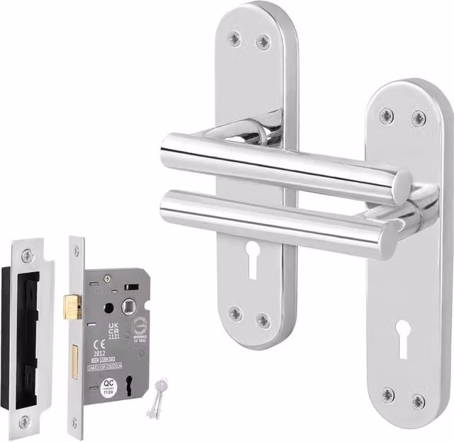 AFIT Polished Chrome T-Bar Door Handle and Sashlock Backplate Set in Silver, 1 Pair, W/D/H: 15 x 15 cm – 1