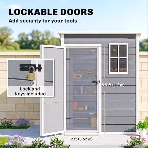 Outsunny Grey Plastic Pent Garden Shed with Floor, Window, Side Vent and Lockable Single Door – 5
