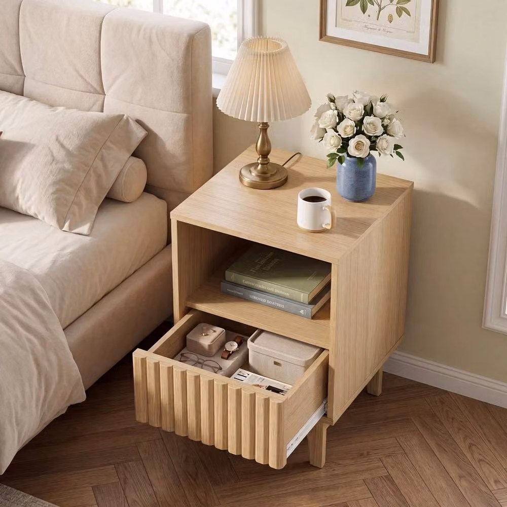 VOGREX Fluted Nightstand with Open Compartment and Drawer in Beige – 5