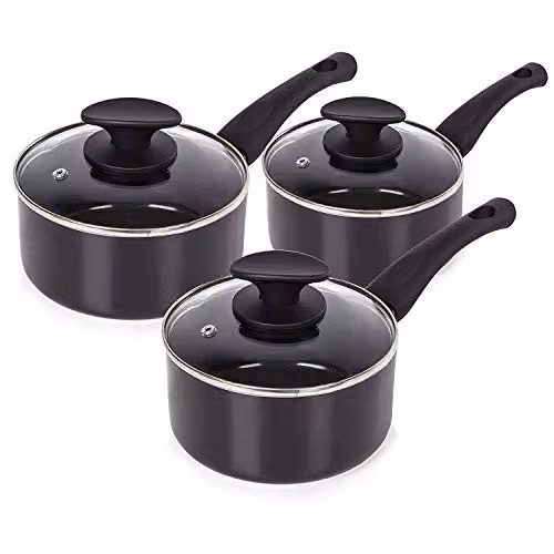Tower T81507 Essentials 3 Piece Induction Saucepan Set with Lids, Ceramic Non-Stick Coating, Black – 1