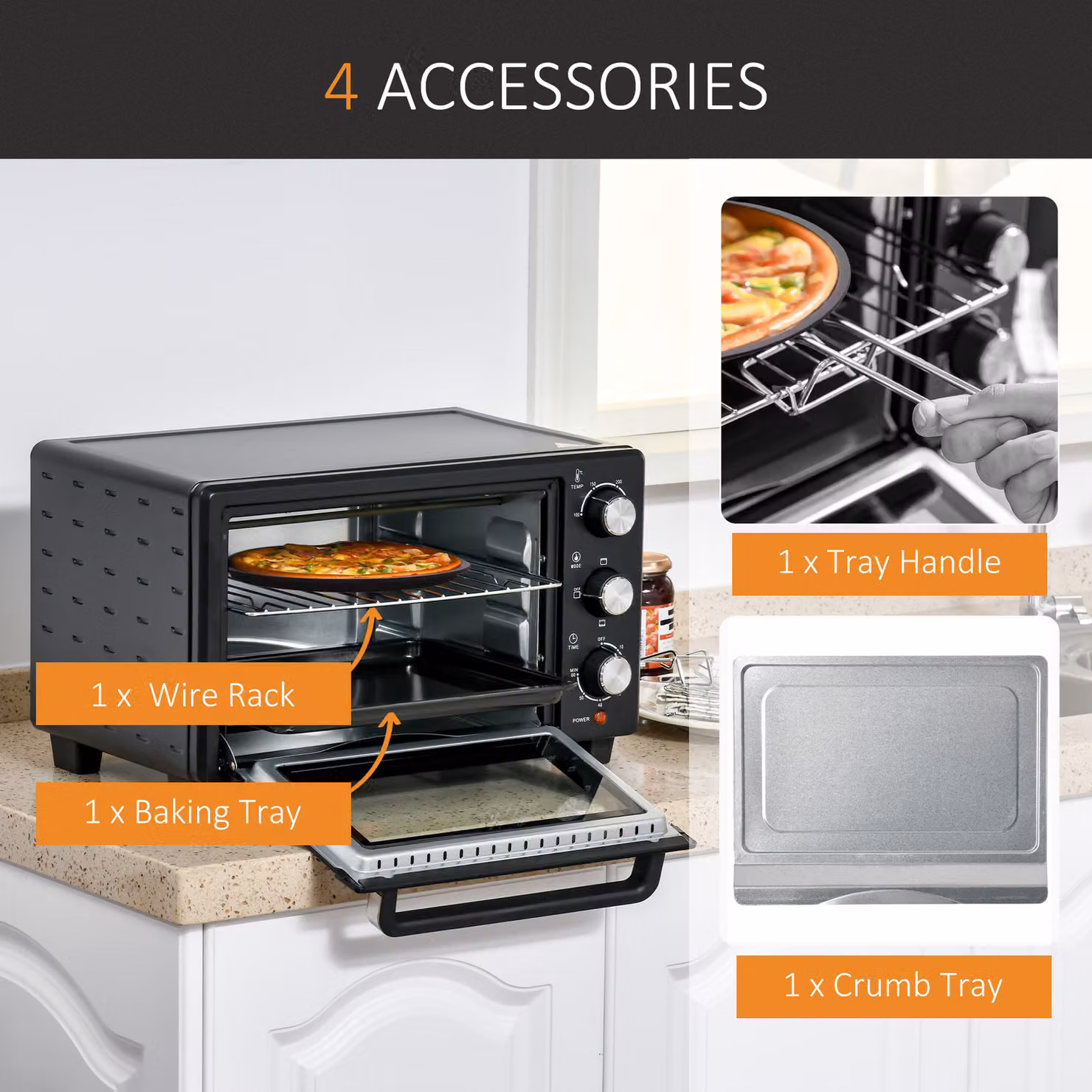 HOMCOM 21L Mini Countertop Electric Grill and Toaster Oven in Black with 1400W Power, Adjustable Temperature, Timer, Baking Tray and Wire Rack – 7