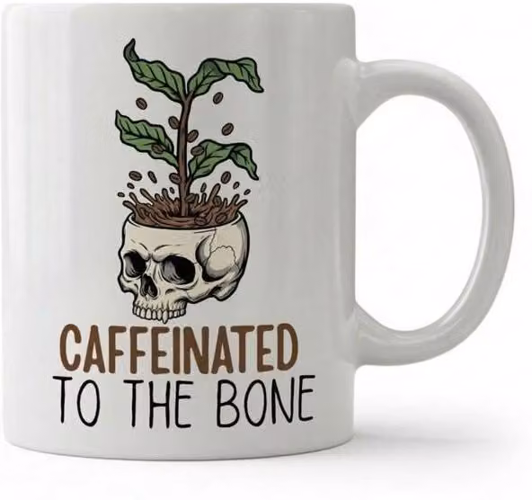 Dyzi Caffeinated to the Bone Quote Ceramic Coffee Mug, White
