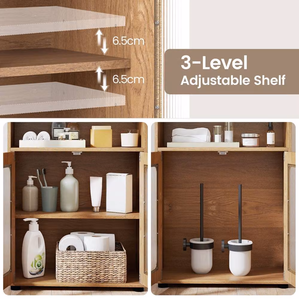 Costway Freestanding Bathroom Cabinet with 2 Hinged Doors and Internal Shelves in Natural Wood Finish – 3