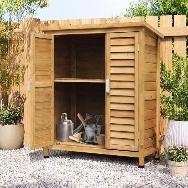 STILVORA Freestanding Rustic Garden Storage Cabinet with Roll Shutter and Internal Shelves in Brown and Sand