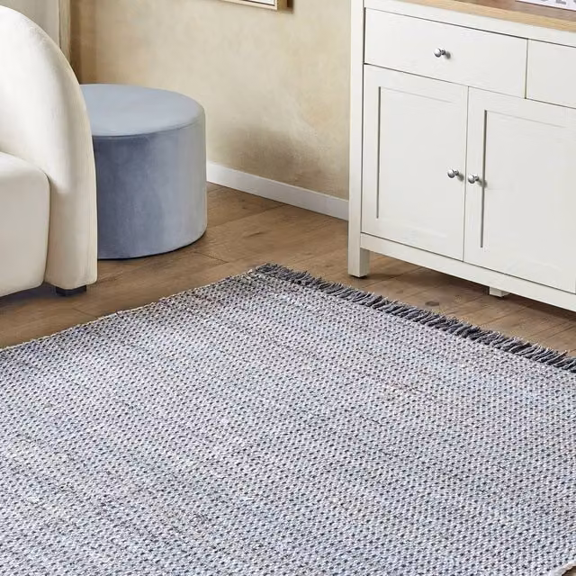 Wyld and Coco Grey Cotton Rag Rug with Fringes, W/D/H: 140 x 200 cm