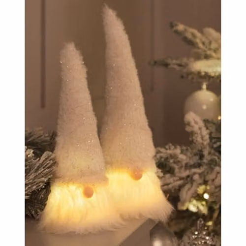 mysmartbuy Set of 2 White and Gold Scandinavian Christmas Gonks with LED Light Up Faces, Height: 22 cm and 18 cm