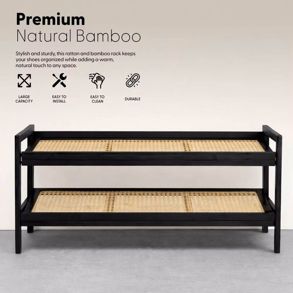 Keplin 2 Tier Bamboo and Rattan Shoe Rack Organiser in Black and Natural – 5