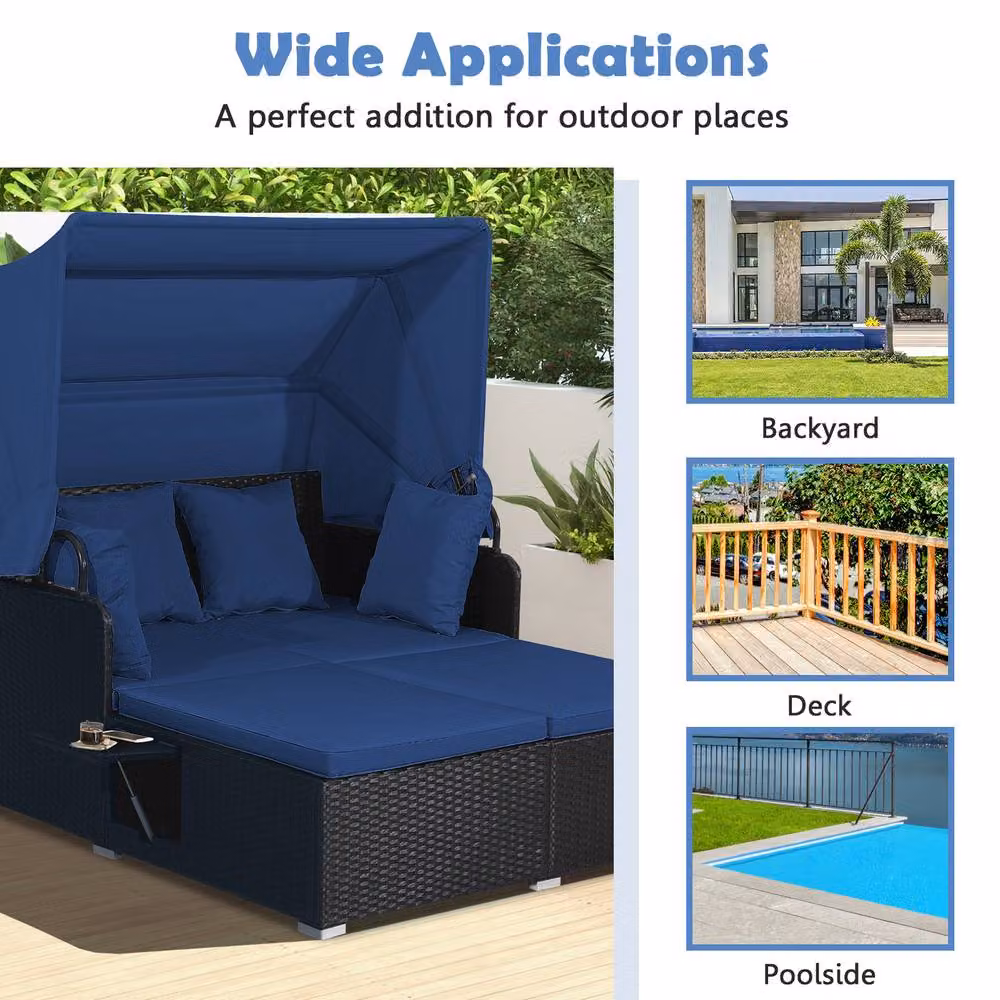 Costway Blue PE Rattan Wicker Daybed with Retractable Canopy for 2 Adults – 10