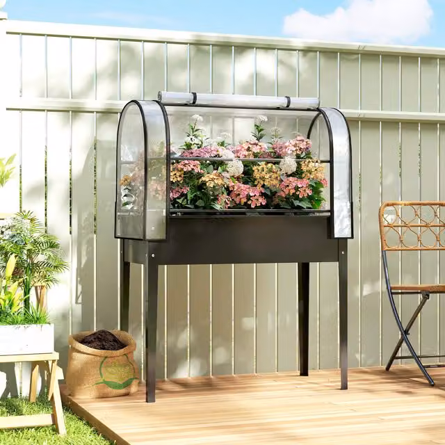 Outsunny Metal Raised Planter with Flip-Up Greenhouse Cover, Black