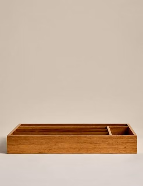 M&S Wooden Cutlery Tray Organiser with Compartments in Brown and Beige