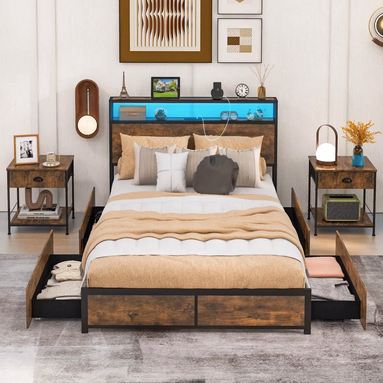 Costway Double Size Metal Bed Frame in Brown with LED Light Headboard, USB Charging Port, Bedside Shelf and 4 Storage Drawers, W/D/H: 140 x 200 cm – 4