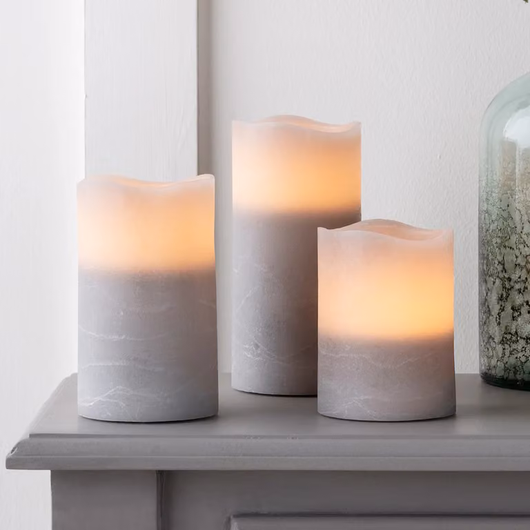 Lights4fun Grey LED Wax Pillar Candle Trio with Flicker Effect and Timer