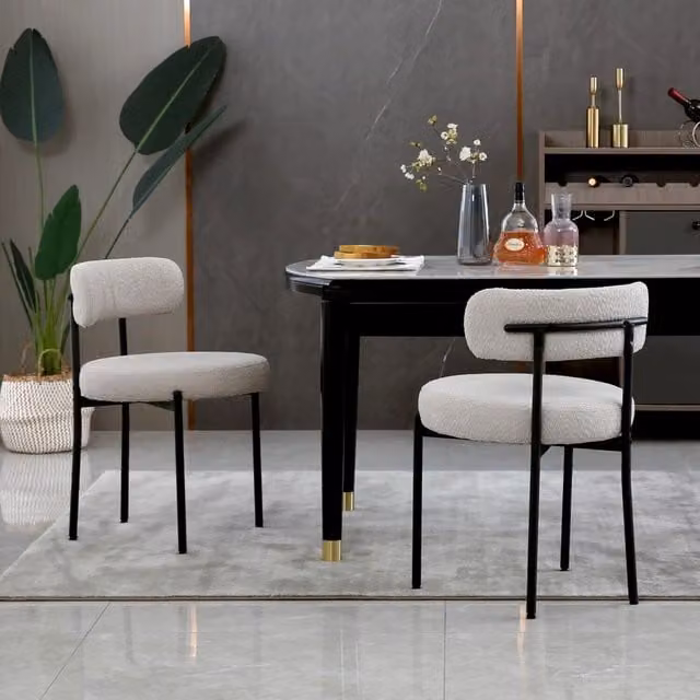 Modern Home Touch Set of 2 Mid-Century Grey Bouclé Fabric Dining Chairs with Black Metal Legs