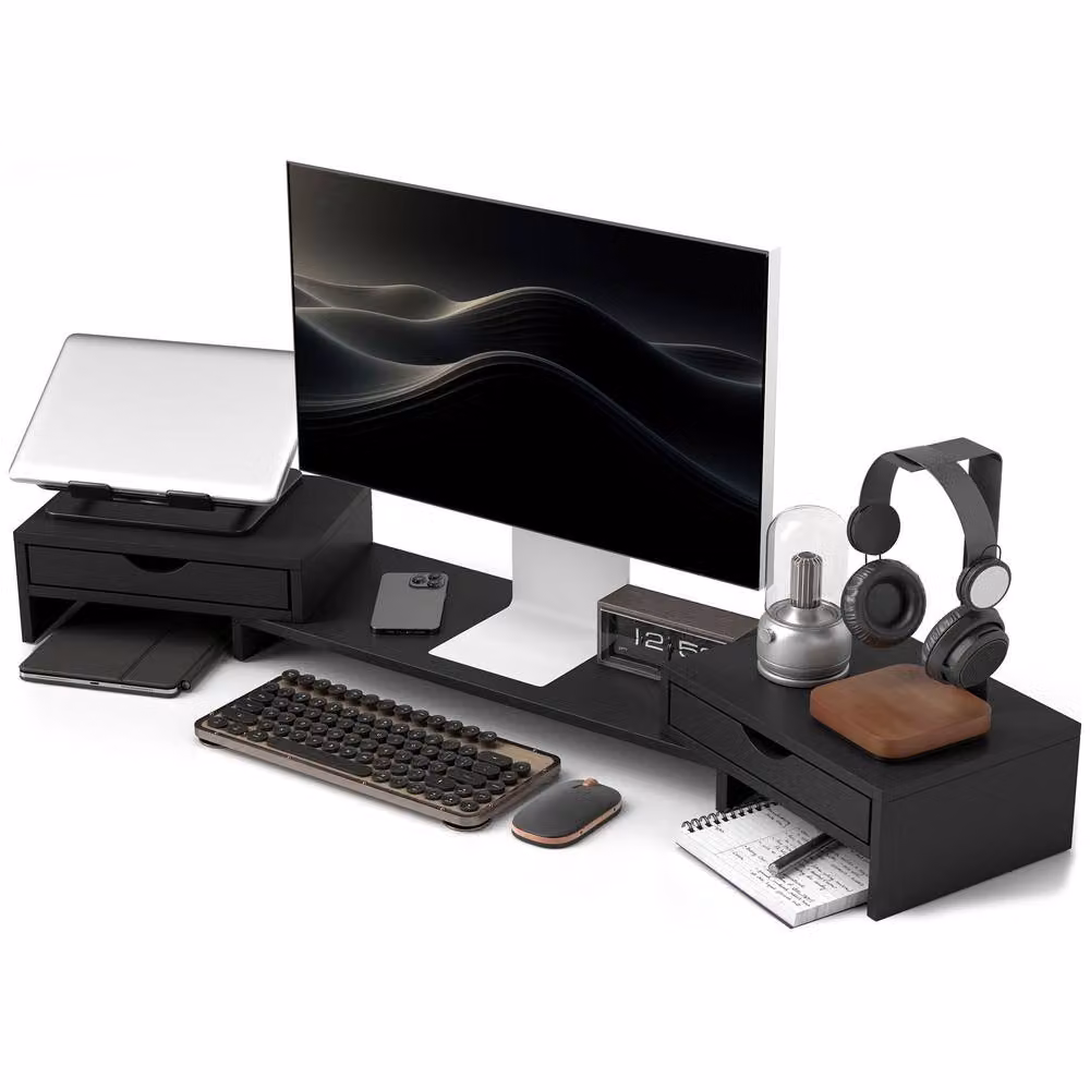 STILVORA Adjustable Monitor Stand Riser with 2 Drawers in Matt Black – 5
