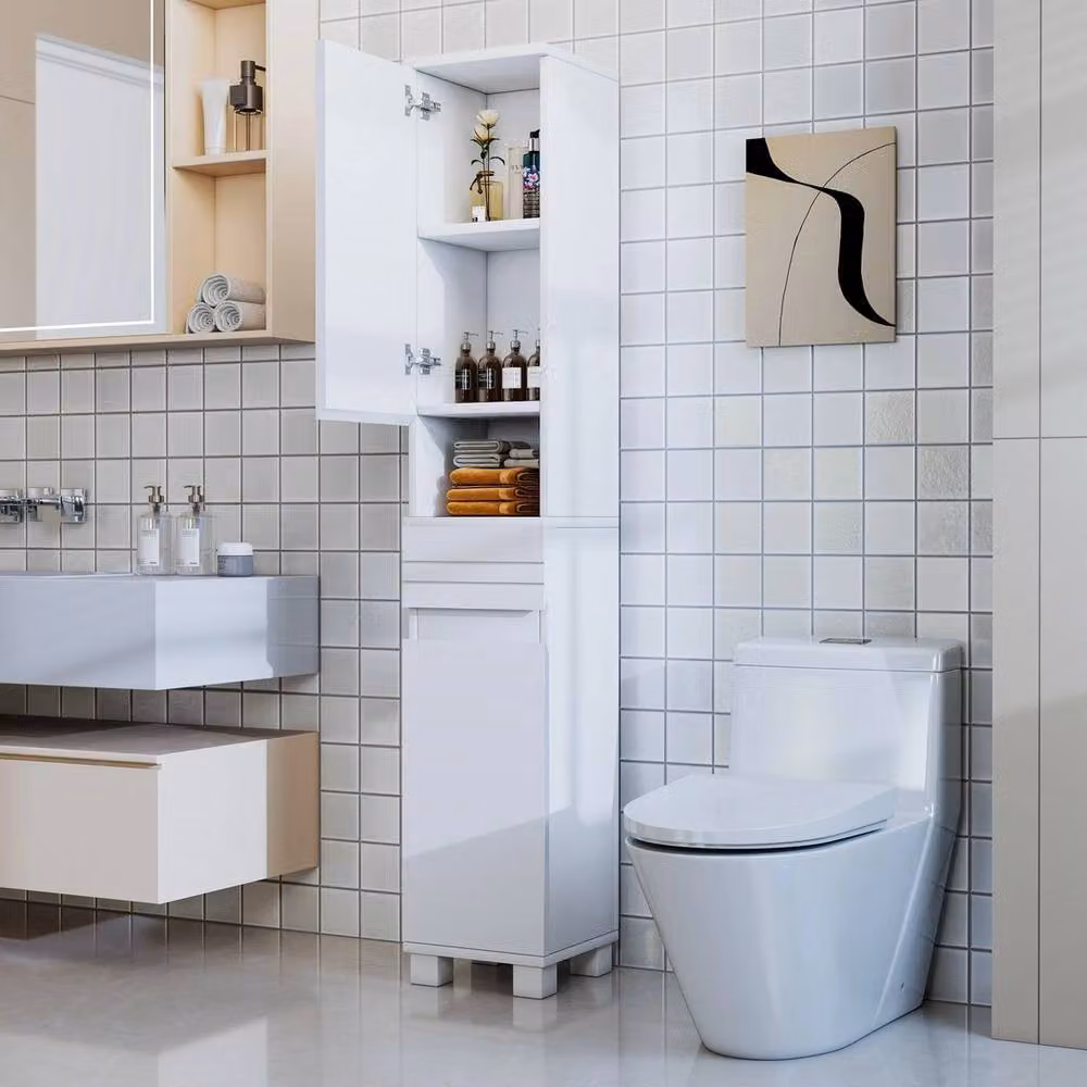 FORGEVIO White Freestanding Bathroom Tallboy Storage Cabinet with Internal Shelves and Drawers – 3