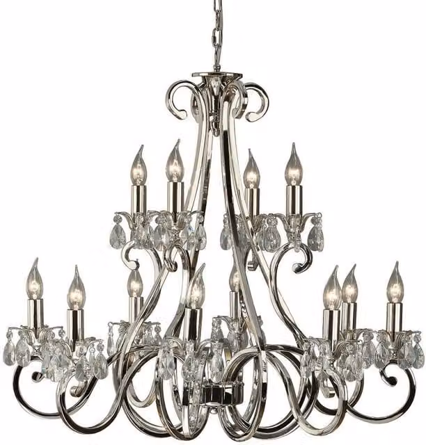 Loops Esher Crystal and Silver Polished Metal 12-Lamp Curved Ceiling Pendant Chandelier, Height: 177 cm, Width: 81 cm, Depth: 81 cm