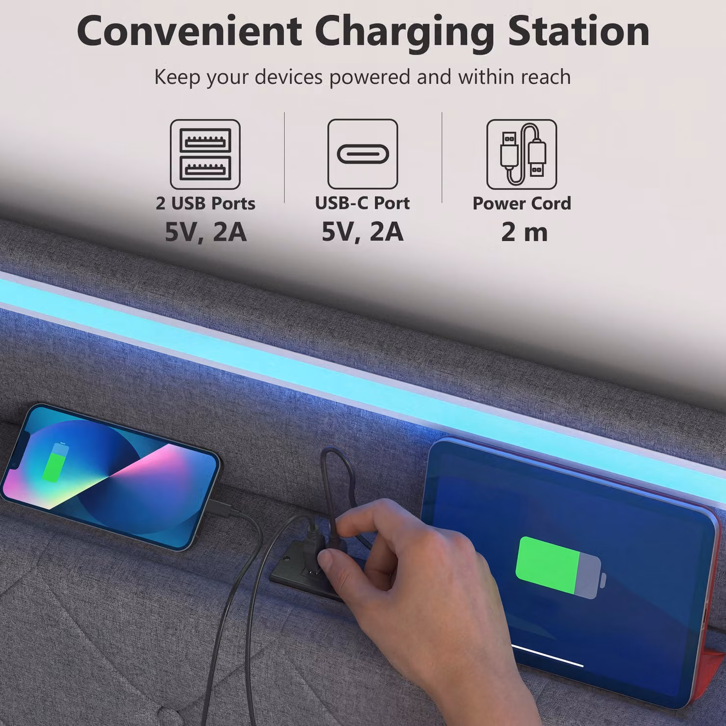 HOMCOM Single Bed Frame with Headboard, Hydraulic Storage, LED Lights and USB Charging Station, Grey, W/D/H: 90 x 190 cm – 5