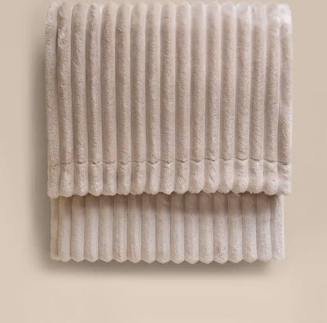 M&S Fluffy Fleece Throw in Beige and Multicolour