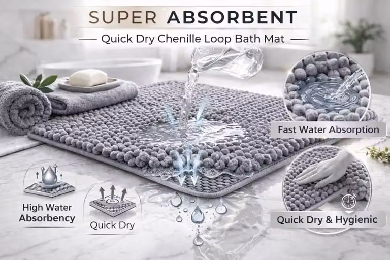 Homes-Linen 2 Piece Grey Chenille Non Slip Soft Shaggy Bath Mat Set