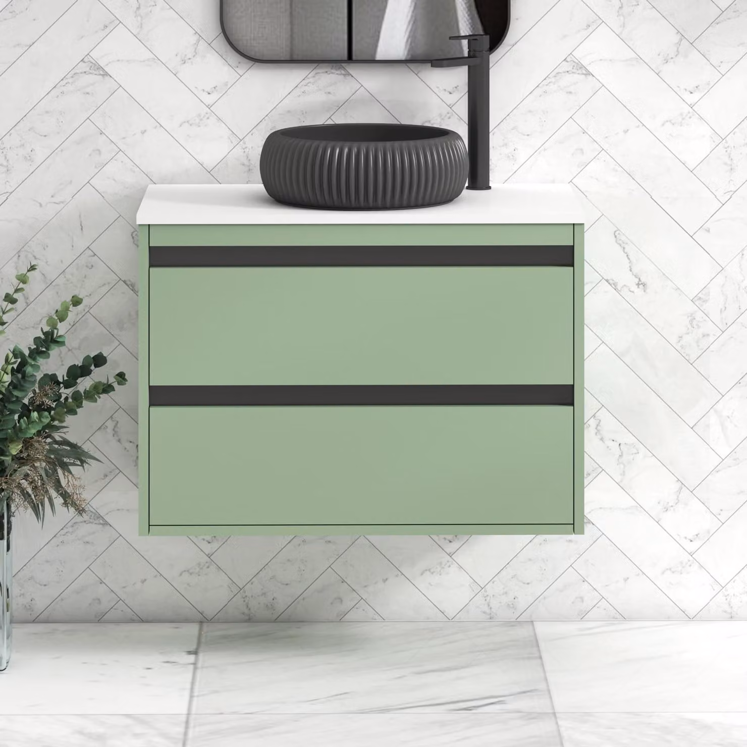 Royal Bathrooms Orion 800mm Mint Sage Wall Hung Vanity Unit with Milan Black Basin and Black Accent Trim, 2 Drawers, White