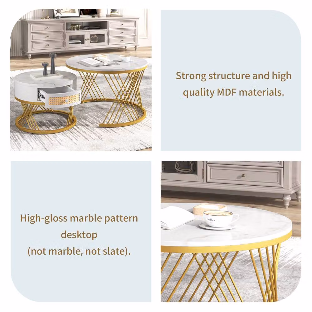 ModernLuxe 2-in-1 Round Coffee Table with Marble Top and Rattan Drawers in White and Gold – 3