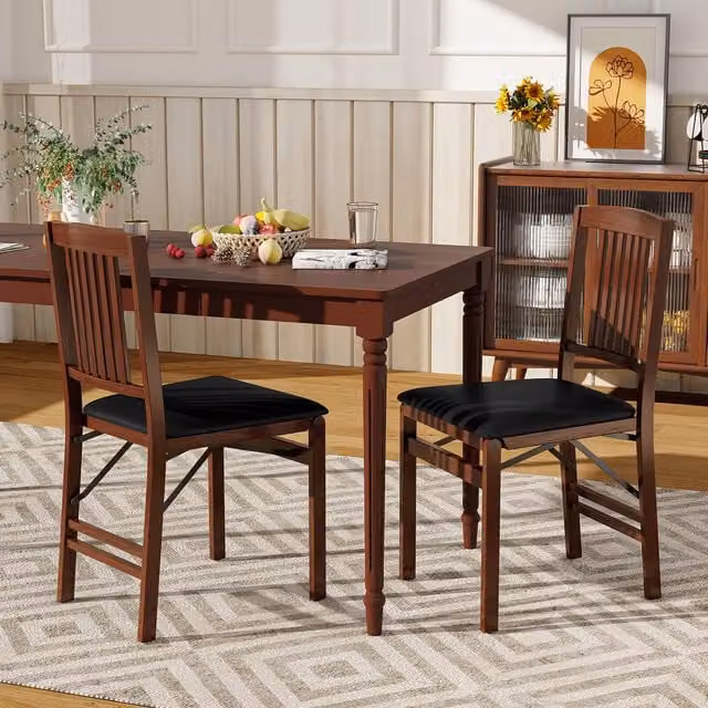 Costway Set of 2 Foldable Upholstered Kitchen Chairs in Brown Synthetic Leather and Rubberwood
