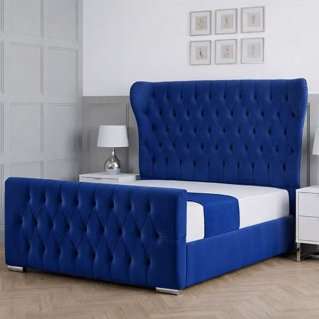 Living Comfort Bedz Velvetine Blue Upholstered Gas Lift Storage Bed with 48 Inch Headboard, W/D/H: 120 x 200 cm