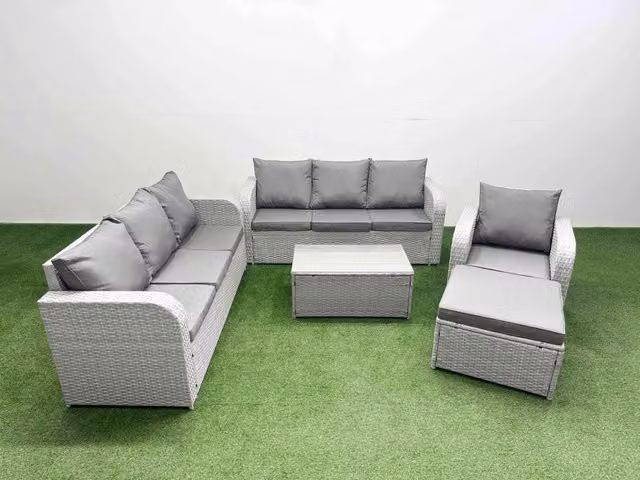 Fimous 8 Seater Poly Rattan Outdoor Garden Furniture Set in Light Grey with 3 Seater Sofa, Reclining Chairs, Ottoman and Coffee Table
