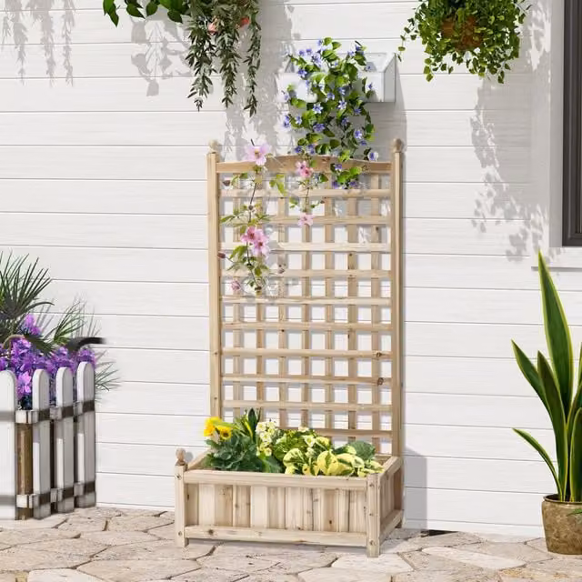 Outsunny Wooden Raised Garden Bed with Trellis Planter Box in Brown